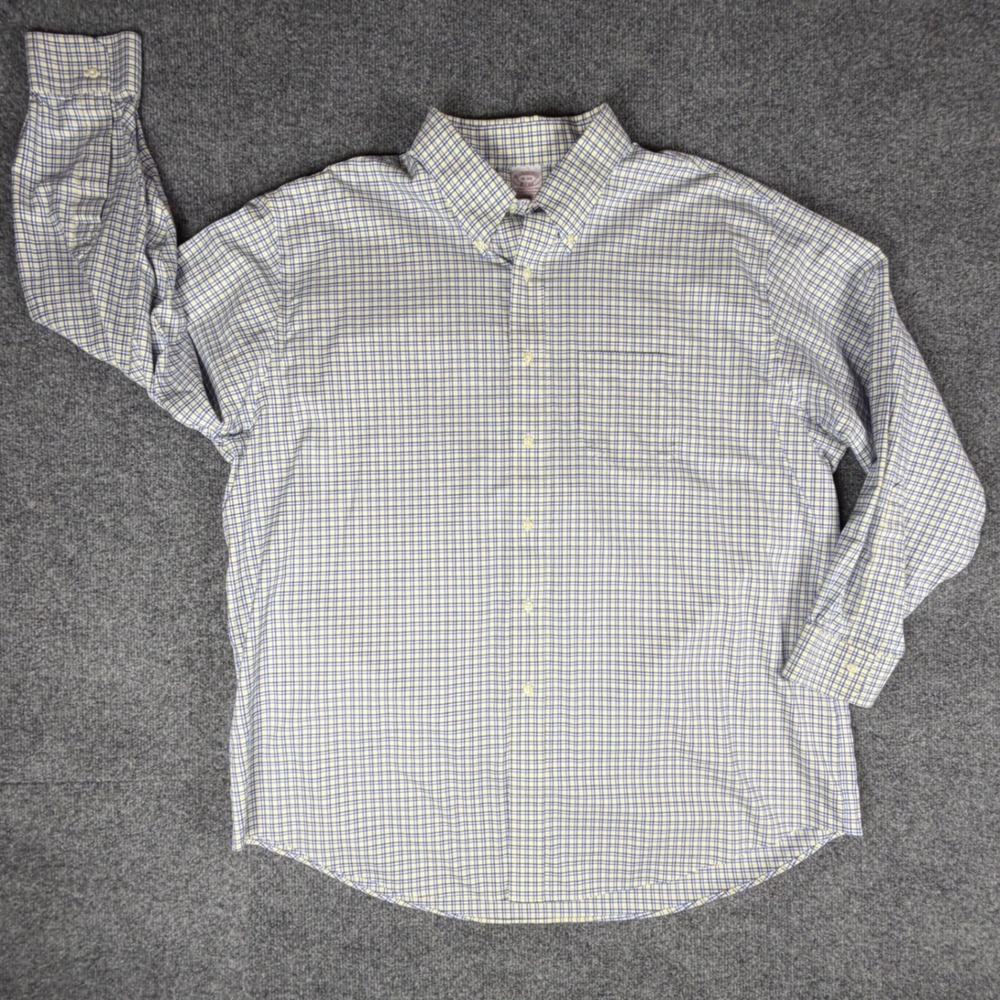 Brooks Brothers Traditional Fit Shirt Mens 18-34 Blue Yellow Check‎ Non-Iron